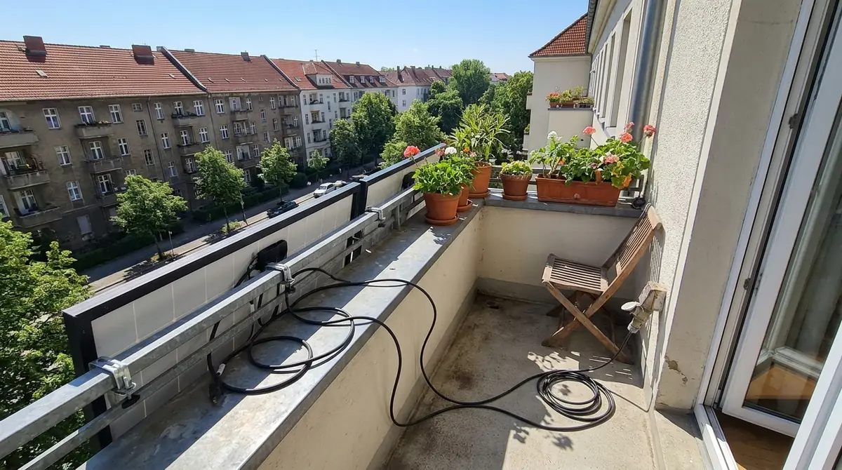Zwei Solarmodule außen am Balkongeländer eines Mehrfamilienhauses, Kabel zur Steckdose