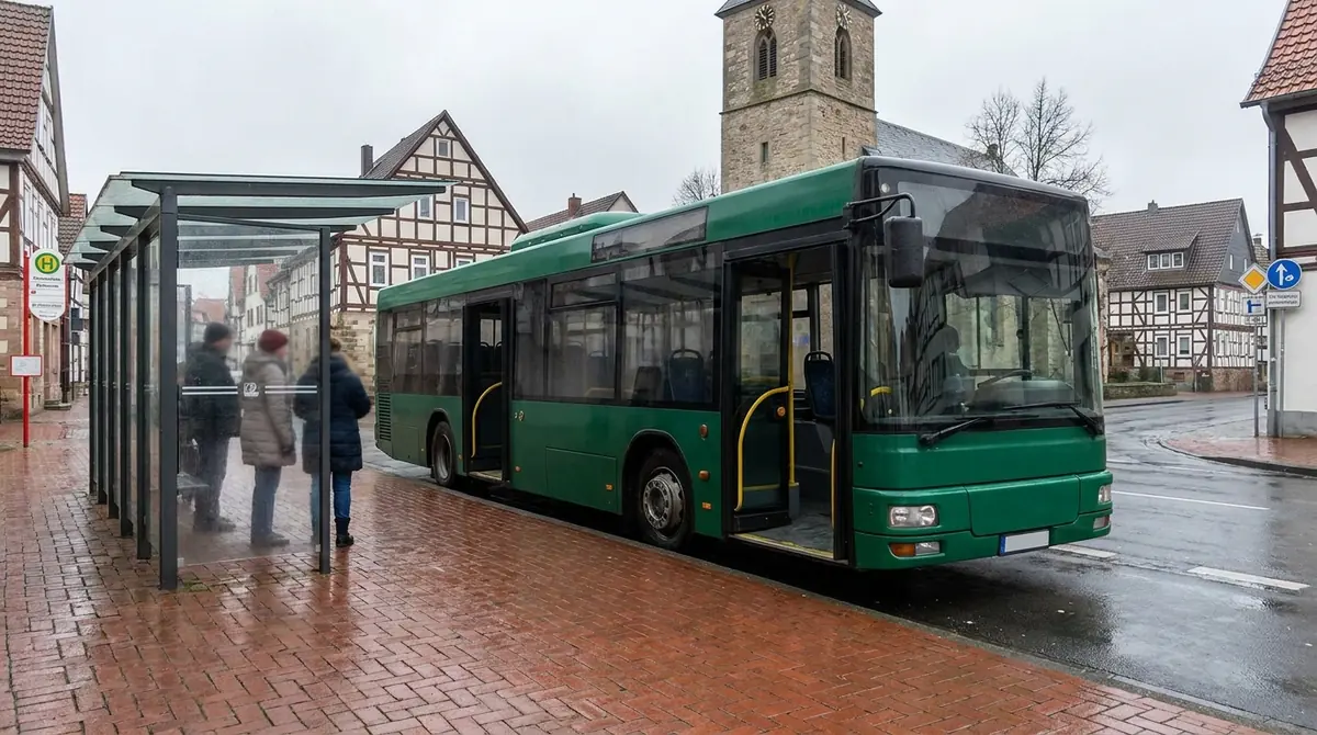 Stadtbus mit geöffneten Türen an einer überdachten Haltestelle in einer Fachwerkstraße