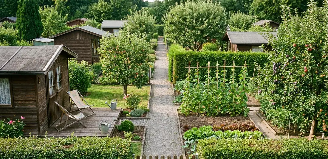 Kleingartenanlage mit Holzlauben, Gemüsebeeten, Obstbäumen und einem schmalen Kiesweg