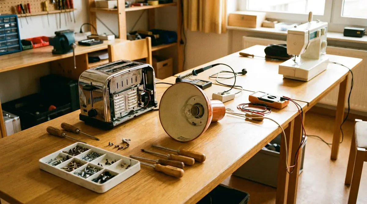 Werkbank mit geöffnetem Toaster, Lampe, Schraubendrehern, Messgerät und Nähmaschine