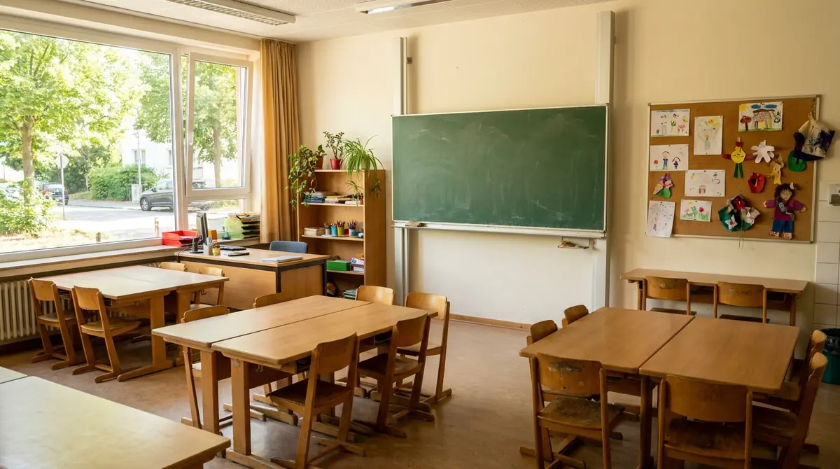 Leeres Klassenzimmer einer Grundschule mit Tischgruppen, Tafel und Fensterfront